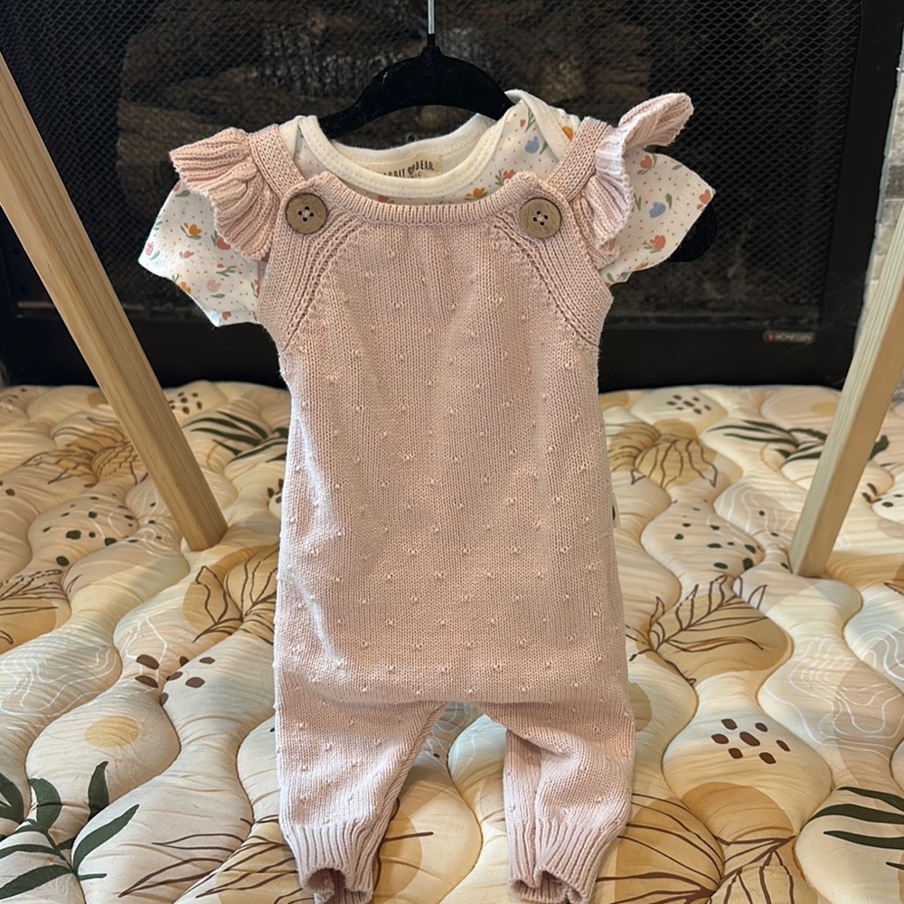 Pink Knit Baby Romper with Ruffle Sleeves